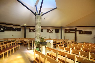 Image from inside the church showing the central pillar and font